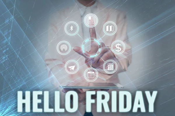 Text sign showing Hello Friday. Internet Concept used to express happiness from beginning of fresh week Lady In Uniform Holding Tablet In Hand Virtually Tapping Futuristic Tech.