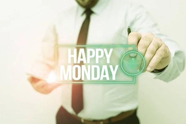 Концептуальная подпись Happy Monday. Интернет-пользователи просят пожелать ему удачной новой недели, чтобы представить новые технологические идеи, способствующие технологическому прогрессу. — стоковое фото
