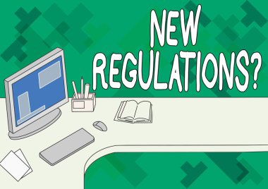 Yeni Yönetmelik Sorusu 'nu gösteren imza. İş konsepti kuralları hükümete düzen denetimi sağlıyor. Bilgisayar Kalemi Tutucu ve Boş Defteri Aç ile bir şeyler yapılıyor..