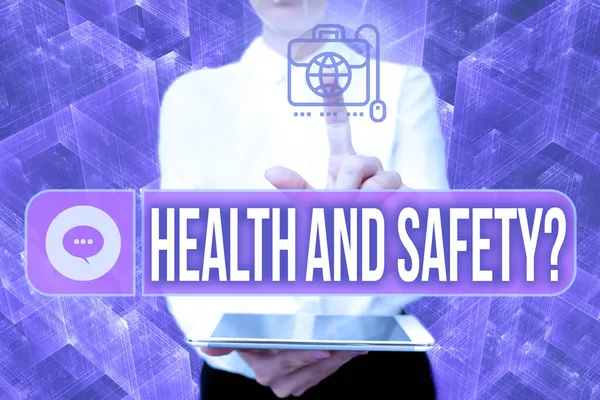 Text showing inspiration Health And Safety Question. Word Written on regulations and procedures to prevent accident or injury Lady In Uniform Holding Phone Virtual Press Button Futuristic Technology. — Stock Photo, Image