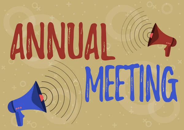 Conceptual caption Annual Meeting. Internet Concept Yearly gathering of an organization interested shareholders Pair Of Megaphones Drawing Producing Sound Waves Making Announcement.
