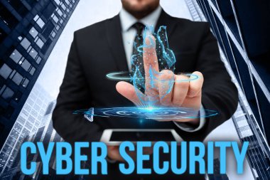 Siber Güvenliği gösteren bir tabela. Ofisteki Cep Telefonu 'na izinsiz erişime karşı bir bilgisayar sistemini koruma sözcüğü Geleceğin Teknolojisini Gösteriyor.