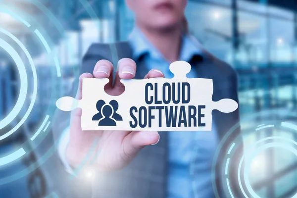 Firma la visualizzazione del software Cloud. Concetto di significato Programmi utilizzati per memorizzare l'accesso ai dati su Internet Business Woman Holding Puzzle Piece Unlocking New Futuristic Tech. — Foto Stock