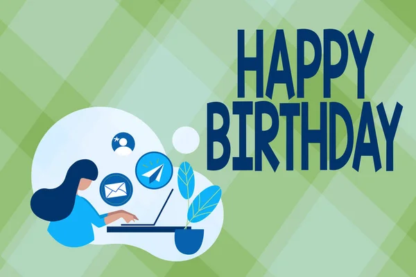 Handschriftliches Zeichen Happy Birthday. Word for Der Geburtstag eines Menschen wird mit Geschenken gefeiert Abstraktes Surfen im Internet und Versenden von E-Mails, Remote Online-Arbeitskonzept — Stockfoto