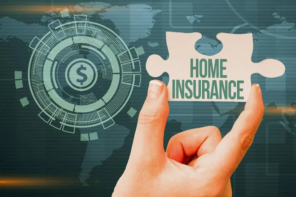 Hand writing sign Home Insurance. Word for Covers looses and damages and on accidents in the house Hand Holding Jigsaw Puzzle Piece Unlocking New Futuristic Technologies. — Stock Photo, Image