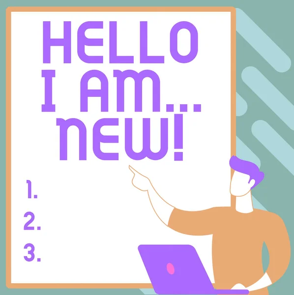 Texto que muestra inspiración Hello I Am New. Concepto de Internet utilizado como saludo o para comenzar una conversación telefónica Creación de un nuevo sistema de archivo computarizado, llenado de documentos en línea —  Fotos de Stock