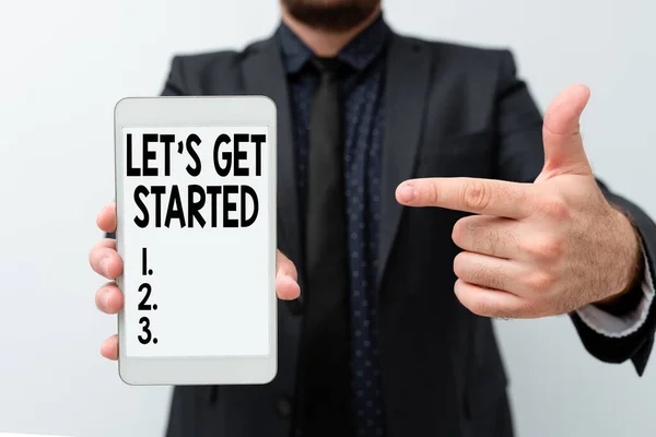 Szöveg megjelenítése Let S Get Start. Business showcase encouring someone to begin doing something Bemutatás Új technológiai ötletek Beszélgetés Technológiai fejlesztés — Stock Fotó