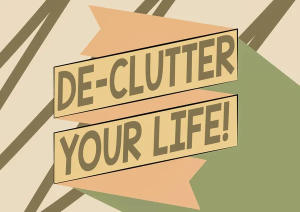 Bildunterschrift: De Clutter Your Life. Geschäftskonzept Entfernen unnötiger Gegenstände von unordentlichen oder überfüllten Orten gefaltete Papierschärpe Zeichnung im Zickzackmuster. — Stockfoto
