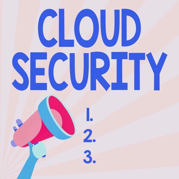 Znak tekstowy pokazujący Cloud Security. Business showcase Ochrona przechowywanych informacji bezpieczne Technologia kontrolowana Ilustracja Megafon trzymania ręki Dokonywanie wspaniałe ogłoszenie. — Zdjęcie stockowe