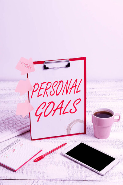 Writing displaying text Personal Goals. Business showcase Target set by a person to influence his efforts Motivation Typing New Ideas Business Planning Idea Voice And Video Calls