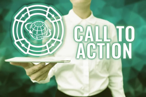 Τίτλος κειμένου που παρουσιάζει το Call To Action. Επιχειρηματική προσέγγιση προτροπή κάνουμε κάτι για να επιτευχθεί ο στόχος με το πρόβλημα Lady Uniform Standing Tablet χέρι Παρουσιάζοντας εικονική σύγχρονη τεχνολογία — Φωτογραφία Αρχείου