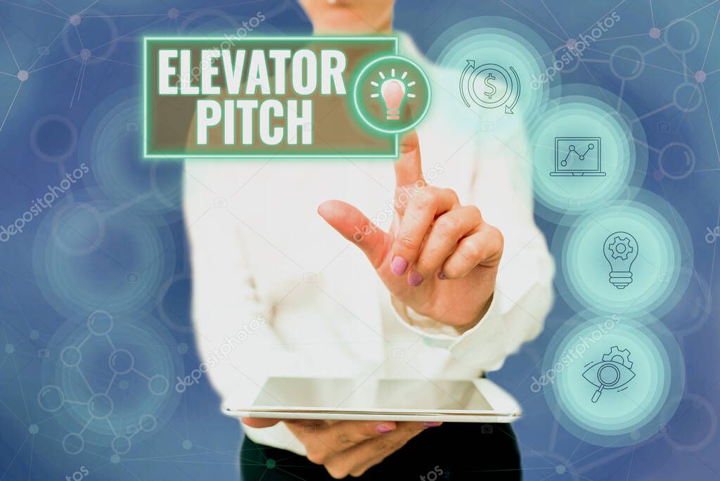 Writing displaying text Elevator Pitch. Concept meaning A persuasive sales pitch Brief speech about the product Lady In Uniform Holding Phone Virtual Press Button Futuristic Technology.