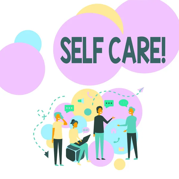Conceptual display Self Care. Business concept practice of taking action preserve or improve ones own health Four Colleagues Illustration Having Conversations Brainstorming New Ideas. — Stock Photo, Image