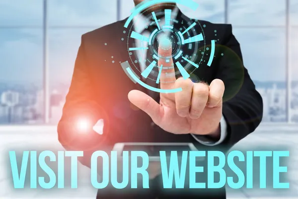 Handwriting text Visit Our Website. Business concept visitor who arrives at web site and proceeds to browse Man In Uniform Standing Holding Tablet Typing Futuristic Technologies. — Stock Photo, Image