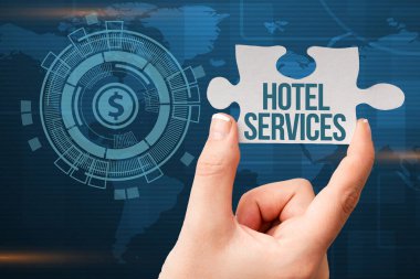 Otel Hizmetleri 'ni gösteren bir mesaj. Konaklama ve pansiyonun konaklama yeri ve konaklama yeri hakkında yazılan kelime El Yapbozu Parçası Yeni Gelecekçi Teknolojileri Açıyor.