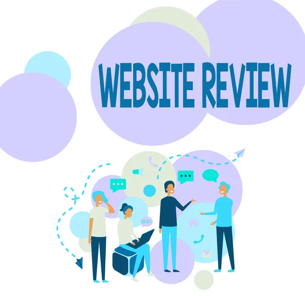 Conceptual caption Website Review. Word for Reviews that can be posted about businesses and services Four Colleagues Illustration Having Conversations Brainstorming New Ideas. — Stock Photo, Image