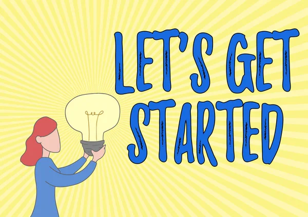 Conceptual display Let S Get Started. Business overview encouraging someone to begin doing something Lady Standing Drawing Holding Light Up Showing New Ideas. — Stock Photo, Image
