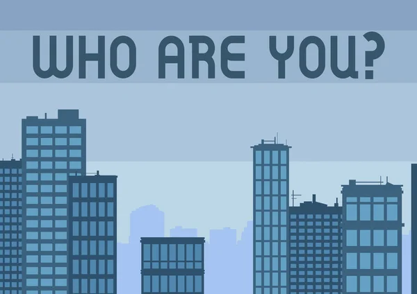 Konzeptionelle Darstellung Who Are You Frage. Geschäftsvitrine fragt nach Identität oder persönlichen Daten mehrerer Wolkenkratzer, die die Skyline der Stadt zeigen. — Stockfoto
