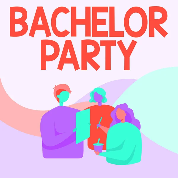 Sign displaying Bachelor Party. Conceptual photo Party given for a man who is about to get married Stag night Colleagues Standing Talking To Each Other Holding Paper Pen Cup.