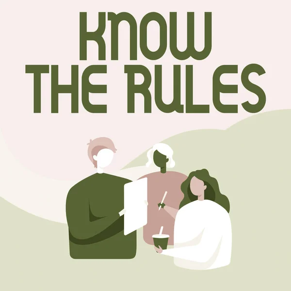 Text med texten Know The Rules. Affärsidé ange explicita eller regleringsprinciper för uppförande Kollegor stående talar med varandra håller Paper Pen Cup. — Stockfoto