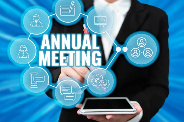 Text sign showing Annual Meeting. Business overview Yearly gathering of an organization interested shareholders Lady In Uniform Holding Tablet In Hand Virtually Typing Futuristic Tech.