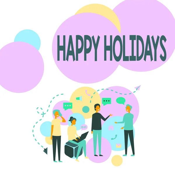 Inspiration visar tecken Happy Holidays. Business showcase Gjorde en kort resa av en grupp visar för nöjes skull Fyra Kollegor Illustration Att ha samtal Brainstorming Nya idéer. — Stockfoto