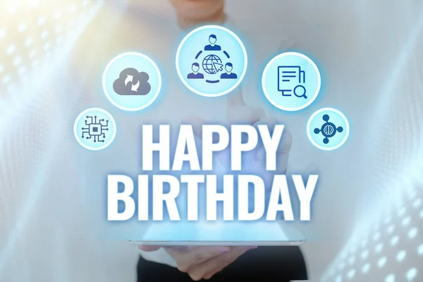 Text caption presenting Happy Birthday. Conceptual photo The birth anniversary of a person is celebrated with presents Lady Holding Tablet Pressing On Virtual Button Showing Futuristic Tech. — Stock Photo, Image