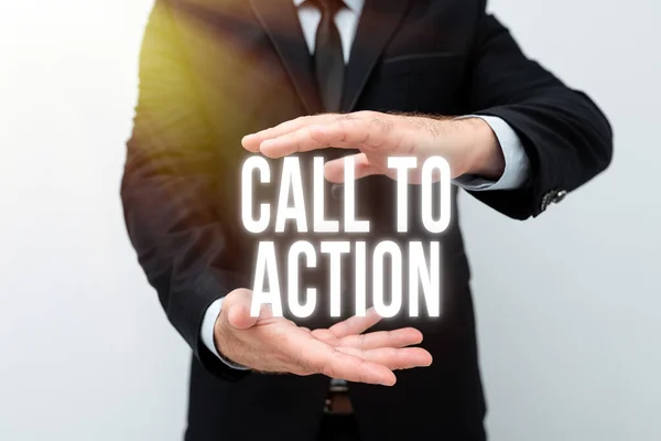 Tekst met inspiratie Call To Action. Zakelijke aanpak aansporing iets te doen om doel te bereiken met probleem Presentatie van nieuwe plannen en ideeën Demonstreren van het planningsproces — Stockfoto
