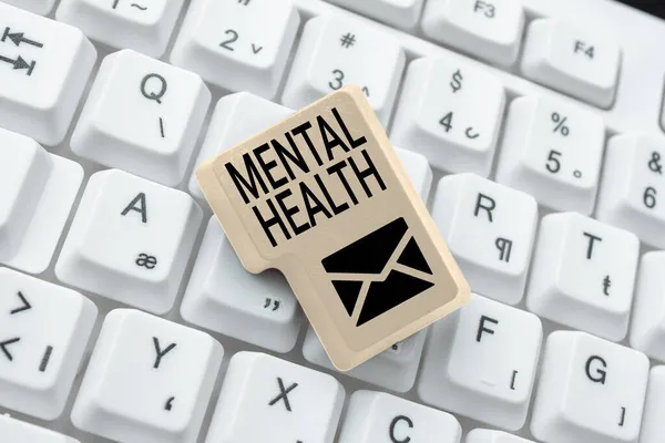 Kavramsal manşet Akıl Sağlığı. İnternet Kavramsal Kişilerin psikolojik durumları, Online İleti 'ye Soyut Yanıtlar, Yazma ve İnternet Mektupları Gönderme — Stok fotoğraf