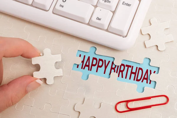 Inspiration showing sign Happy Birthday. Internet Concept The birth anniversary of a person is celebrated with presents Building An Unfinished White Jigsaw Pattern Puzzle With Missing Last Piece — Stock Photo, Image