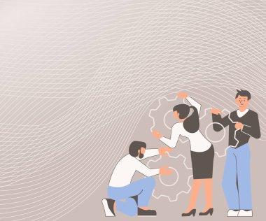 Çalışmalarında birbirlerine yardım eden bir grubun mahmuz dişlisinin tasviri. Birbirini destekleyen materyalleri çizen insanlar. İşçi Çizgi Filmi Makineleri Çok Çalışıyor.