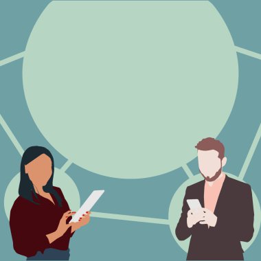 Yeni Harika Fikirler Bulmak İçin Akıllı Telefonları Kullanmakla Meşgul Ortakların İllüzyonu. Çift aktif olarak Dijital Telefon Çizimi üzerinde çalışıyor Eski Şaşırtıcı Planlar Buluyor.