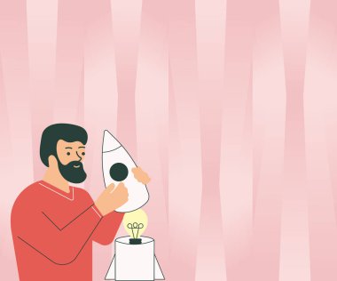 Küçük bir roket taşıyan adamı tasvir etmek içeride yeni şaşırtıcı fikirler keşfetti. Mini Uzay Aracı Çizen Adam Eski Harika Düşünceleri Buluyor.