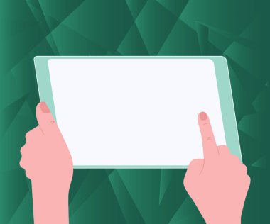 Yeni şaşırtıcı fikirler için büyük tablet arama planları kullanan bir elin tasviri. Palm Holding Büyük Çizim Pad Proje için Eski Harika Haberleri Buluyor.