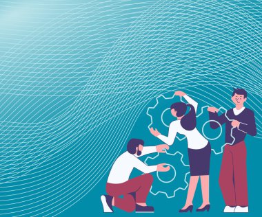 Çalışmalarında birbirlerine yardım eden bir grubun mahmuz dişlisinin tasviri. Birbirini destekleyen materyalleri çizen insanlar. İşçi Çizgi Filmi Makineleri Çok Çalışıyor.