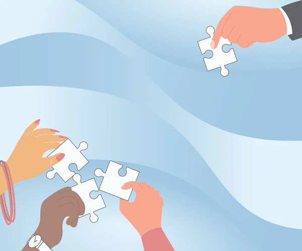 Illustration av händer som håller pussel bitar som hjälper varandra att lösa problemet. Palm ritning leka med styrelsenSpel Cooparating med lagkamrater. — Stock vektor