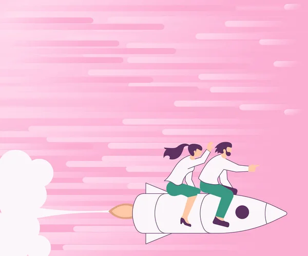 Иллюстрация счастливых партнеров, путешествующих на быстроходном ракетном корабле, исследующих мир. Радостная пара, рисующая траекторию полета в космосе. — стоковый вектор