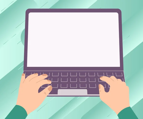 Illustration d'une main occupée travaillant sur un ordinateur portable à la recherche de nouvelles idées merveilleuses. Dessin de la paume activement en utilisant Minicomputer à la recherche pour de vieilles nouvelles étonnantes. — Image vectorielle
