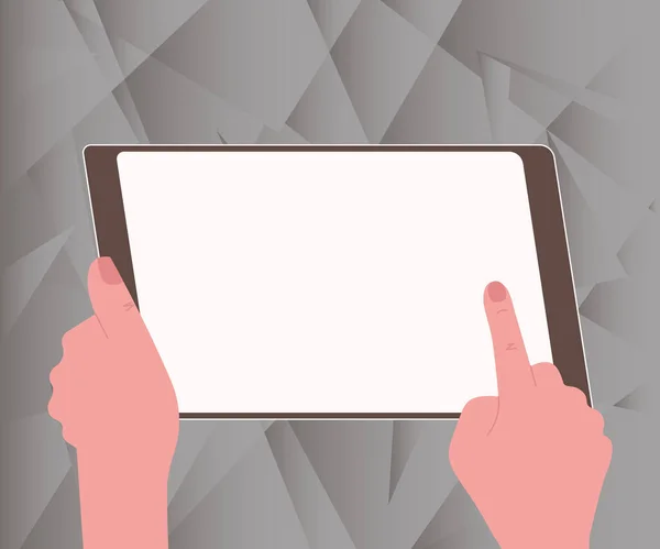 2018 년 4 월 1 일에 확인 함 . Illustration Of A Hand Using Big Tablet Searching Plans For New Amazing Ideas. 프로젝트 를 위해 오래 된 놀라운 소식을 발견 한 팜 드로잉. — 스톡 벡터