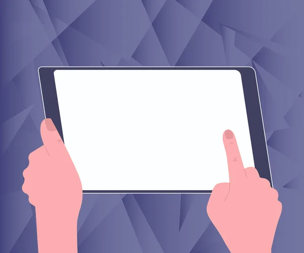 2018 년 4 월 1 일에 확인 함 . Illustration Of A Hand Using Big Tablet Searching Plans For New Amazing Ideas. 프로젝트 를 위해 오래 된 놀라운 소식을 발견 한 팜 드로잉. — 스톡 벡터