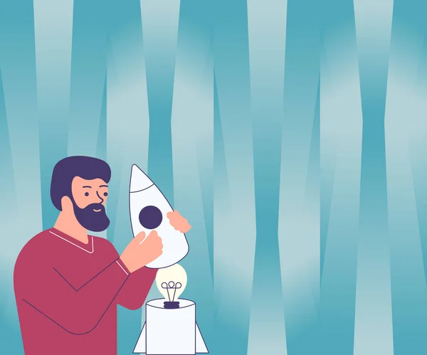 Illsutration of Man Holding A Small Rocketship ontdekte nieuwe geweldige ideeën binnen. Guy Drawing Handling Mini Spacecraft Ontdek oude prachtige gedachten. — Stockvector