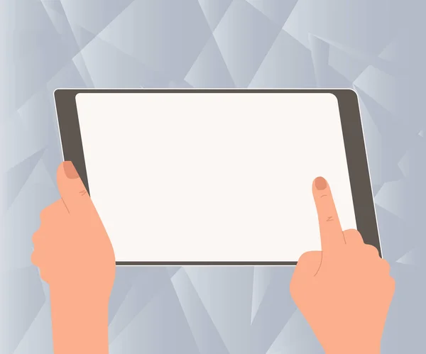 Illustration einer Hand, die mit einem großen Tablet nach neuen erstaunlichen Ideen sucht. Palm Drawing Holding Large Pad Finding Old Wonderful News für das Projekt. — Stockvektor