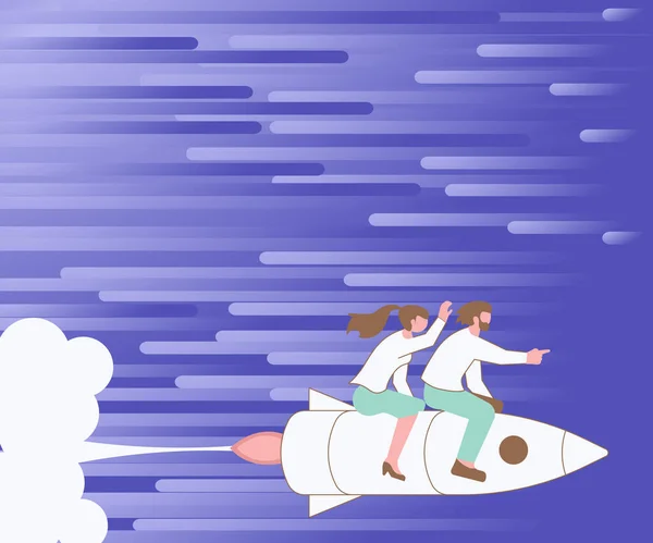Ilustración de socios felices que viajan en cohetes rápidos explorando el mundo. Dibujo de pareja alegre viajando con espacio apresurado Craft Touring Space. — Vector de stock