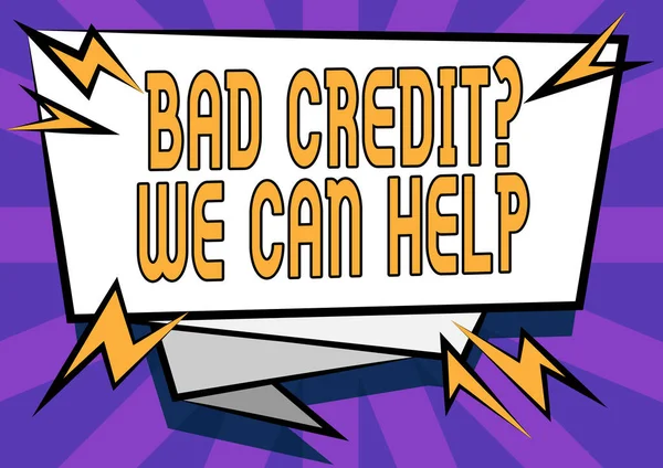Psaní textu Špatná kreditní otázka Můžeme pomoci. Obchodní přístup nabízející pomoc poté, co šel na úvěr pak odmítl Abstrakt zobrazování Naléhavé poselství, Nové oznámení Informace — Stock fotografie