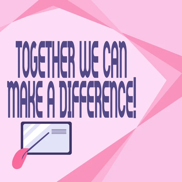 Escrevendo exibindo texto juntos podemos fazer a diferença. Palavra para ser muito importante de alguma forma em como equipe ou grupo desenho de cartas com mão apontando vara em pequenos detalhes. — Fotografia de Stock