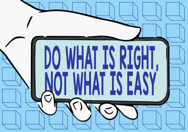 簡単なことではない正しいことを表示してください。適切なもののために立ち上がることをいとわないビジネスコンセプト大人の手イラスト開催モバイル画面に新しい技術を示す. — ストック写真