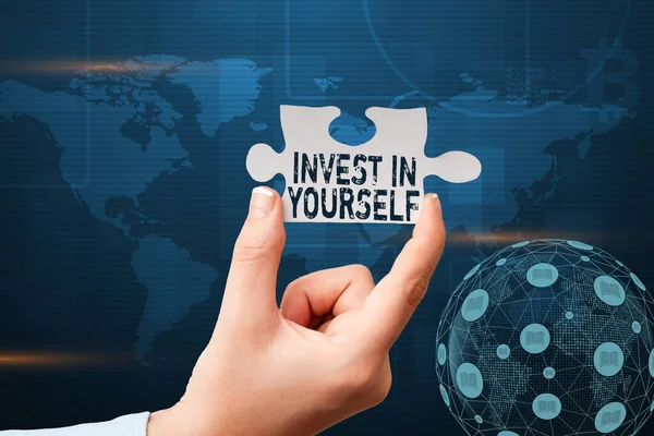 Inspiration showing sign Invest In Yourself. Business concept learn new things or materials thus making your lot better Hand Holding Jigsaw Puzzle Piece Unlocking New Futuristic Technologies. — Stock Photo, Image