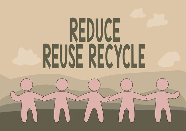 Fogalmi megjelenítés Az újrahasználat csökkentése Újrahasznosítás. Szó a környezetvédelmileg felelős fogyasztói magatartás Öt álló ember Rajz Holding Hands Show Team Support. — Stock Fotó