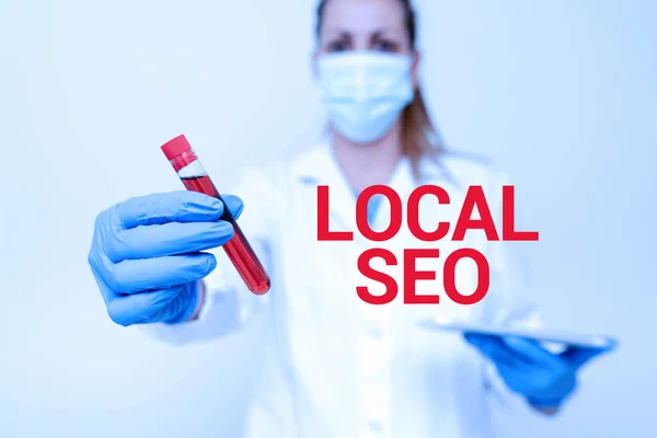 Manuscrito texto Local Seo. Abordagem de negócios ajuda empresas a promover produtos e serviços para clientes locais Estudando Vírus Tóxico Analisando Descoberta Viral Novos Experimentos Laboratoriais — Fotografia de Stock