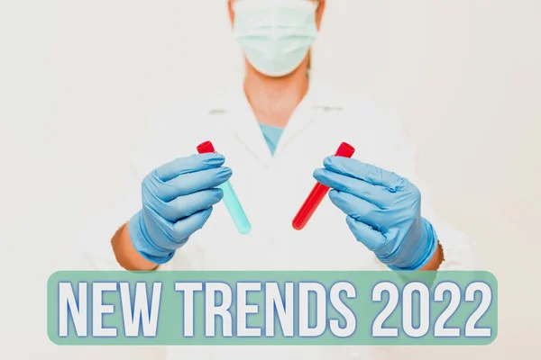 Metin Yeni Eğilimler 2022 yazılıyor. Enfeksiyon Laboratuvarı Deneyleri Ekranını İyileştirmek için Yeni Tıp Formülü geliştiren genel bir yön anlamına geliyor — Stok fotoğraf